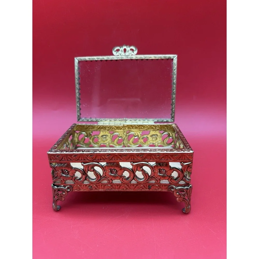 Vintage Floral Filigree Ormolu With Glass Top Jewelry Casket Box Velvet